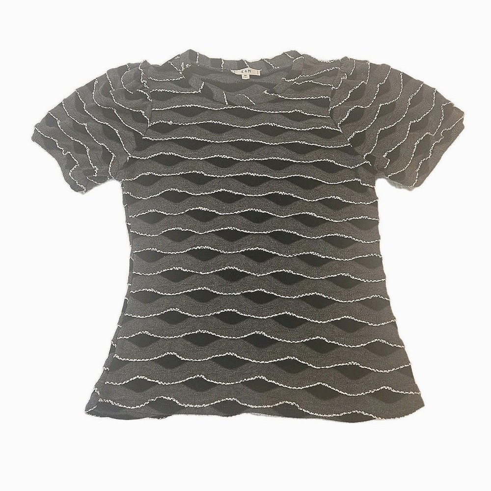 E&M Womens Gray Black Wavy Textured Whipstitch Short Sleeve Knit Top Medium